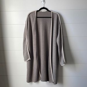 Zara Cozy Muted Brown Long Cardigan with Cream Corded Trim - Size Large